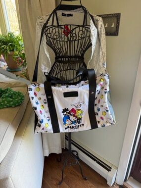 Hello Kitty White Canvas Tote with Black Straps and Multi-Color Characters
